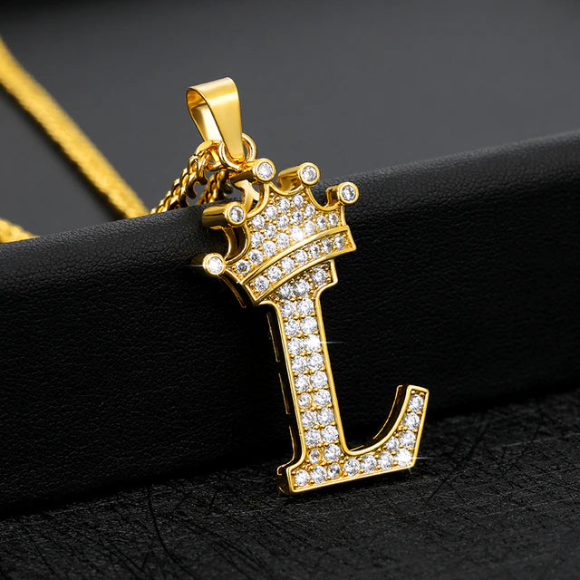 Iced Crowned Initial Stainless Steel Necklace