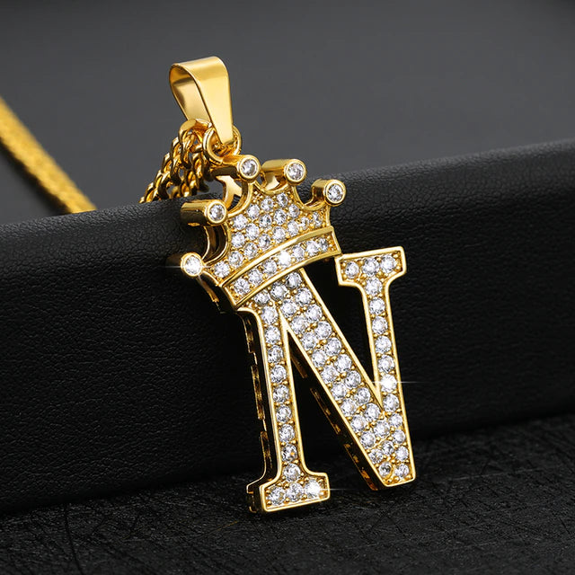 Iced Crowned Initial Stainless Steel Necklace