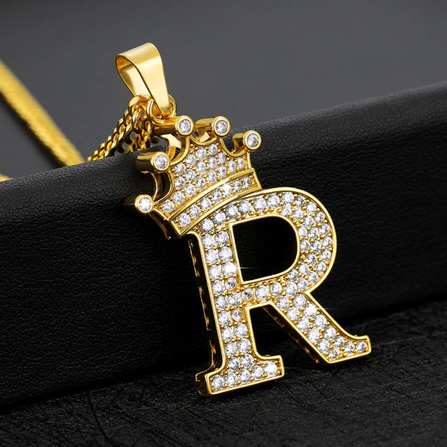 Iced Crowned Initial Stainless Steel Necklace