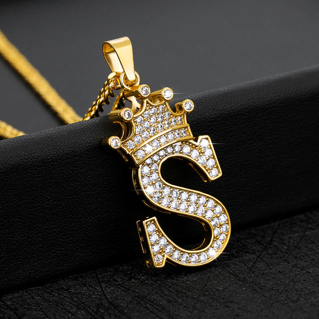 Iced Crowned Initial Stainless Steel Necklace