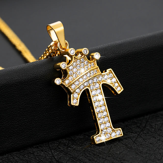 Iced Crowned Initial Stainless Steel Necklace