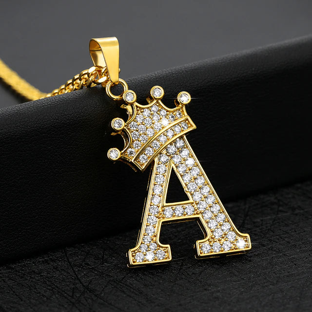 Iced Crowned Initial Stainless Steel Necklace