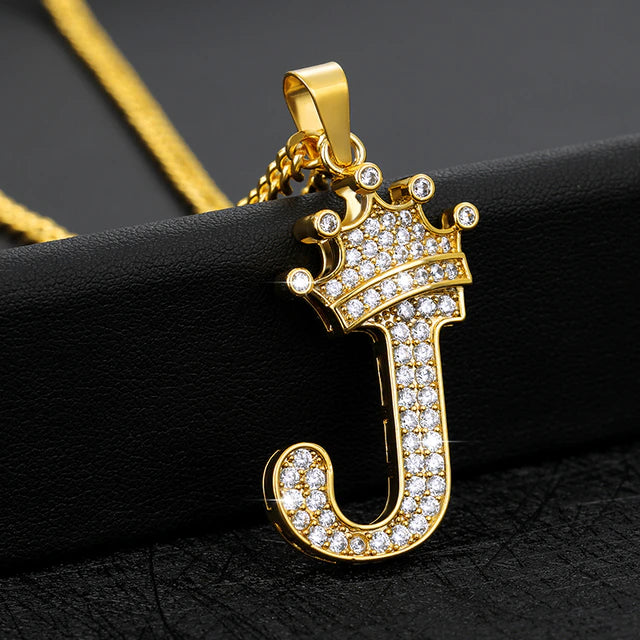 Iced Crowned Initial Stainless Steel Necklace