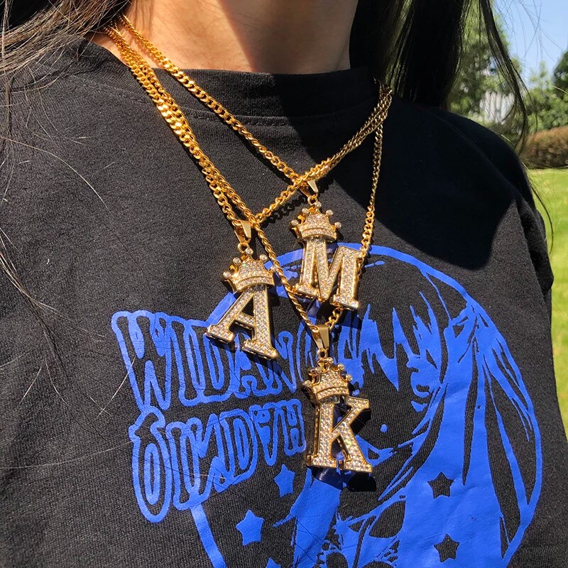 Iced Crowned Initial Stainless Steel Necklace