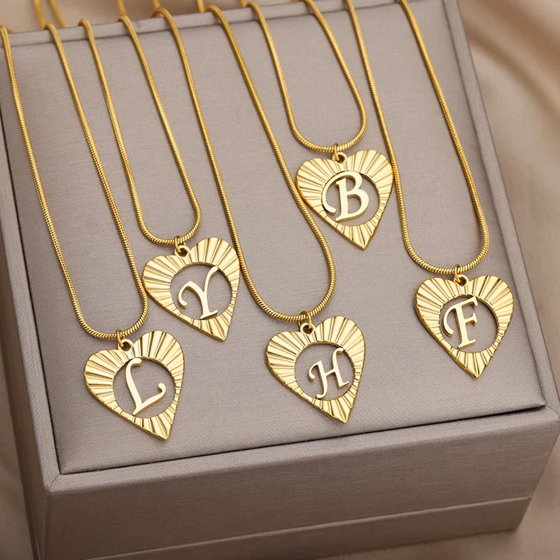 Hollow Initial Heart Stainless Steel Necklace