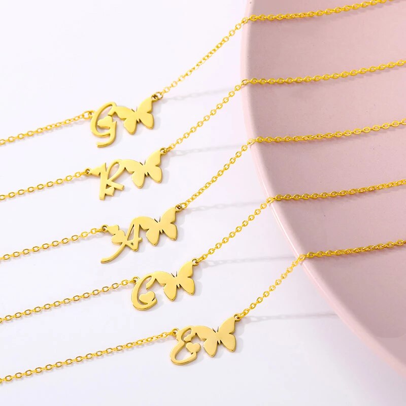 "Sasha" Initial Butterfly Stainless Steel Necklace