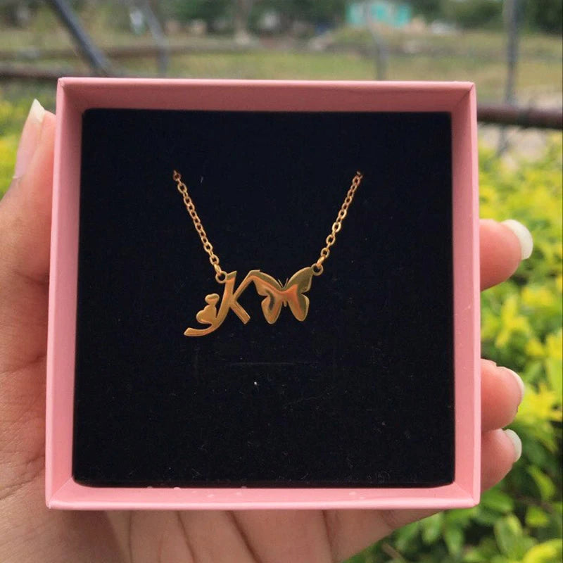 "Sasha" Initial Butterfly Stainless Steel Necklace