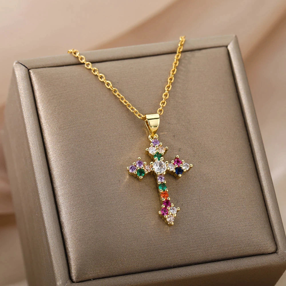Multicolored Iced Cross Stainless Steel Necklace