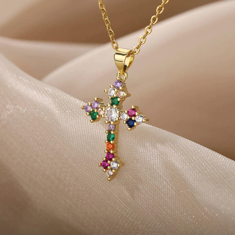 Multicolored Iced Cross Stainless Steel Necklace