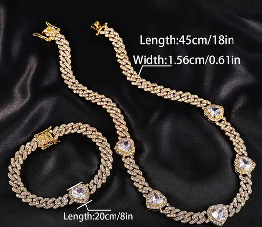 "Neeva" Diamond Heart Iced Cuban Link Necklace/Bracelet