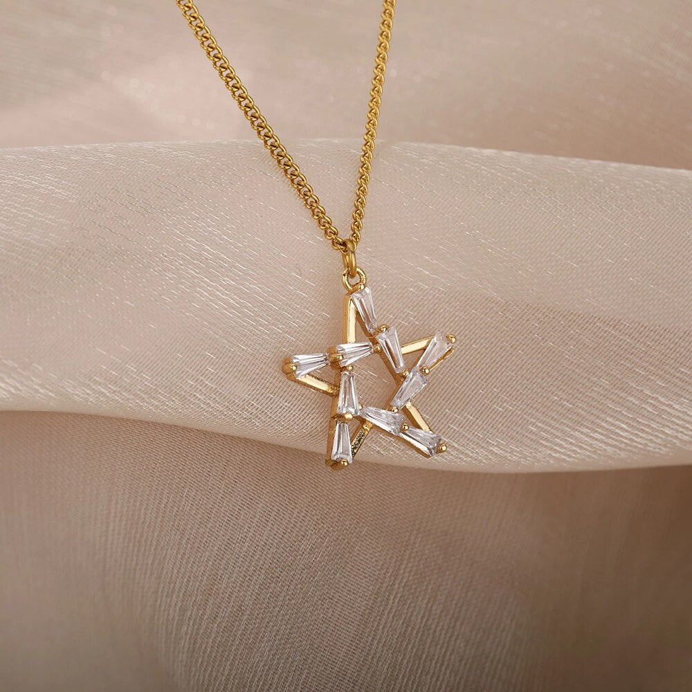 Crystal Hollow Star Stainless Steel Necklace