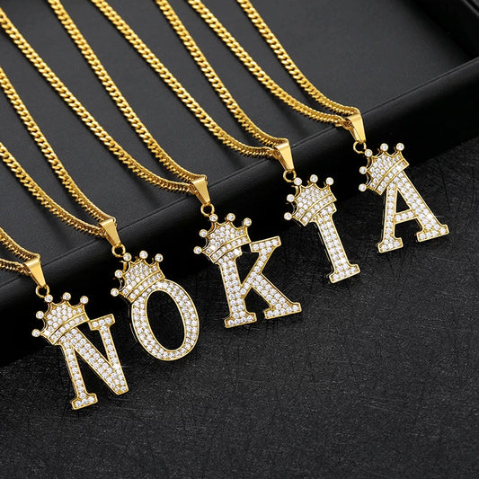 Iced Crowned Initial Stainless Steel Necklace