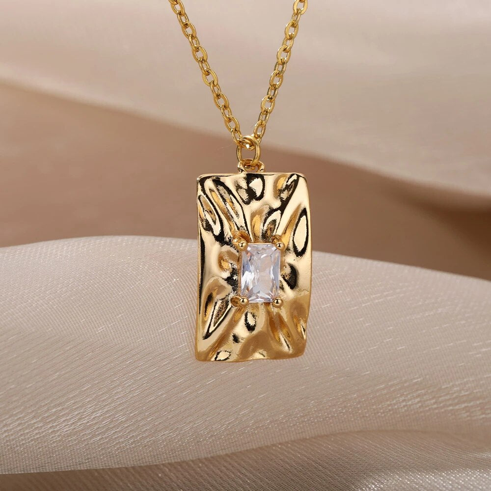 Geometric Squared Crystal Stainless Steel Necklace