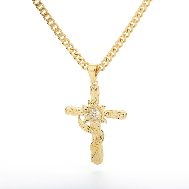 Cross Sunflower Stainless Steel Necklace