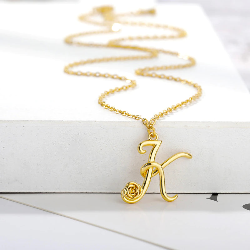 Rose Flower Initial Stainless Steel Necklace