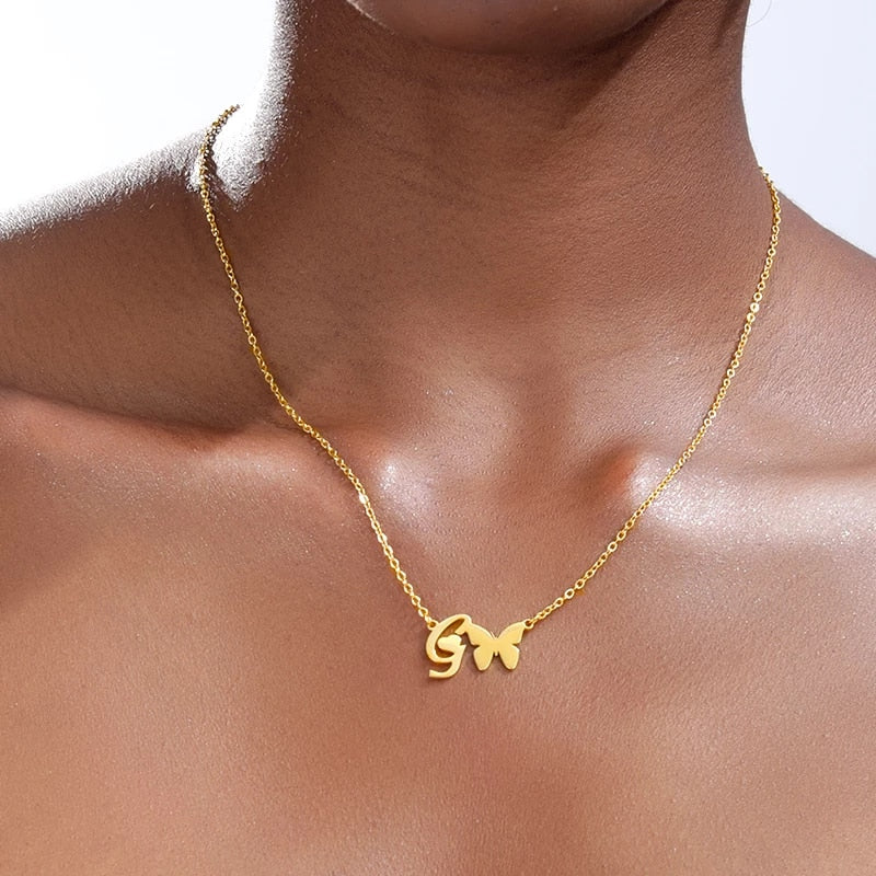 "Sasha" Initial Butterfly Stainless Steel Necklace