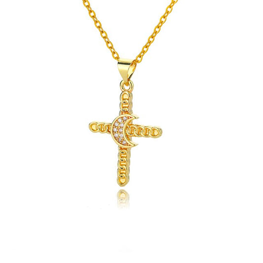 Chained Cross with Moon Stainless Steel Necklace