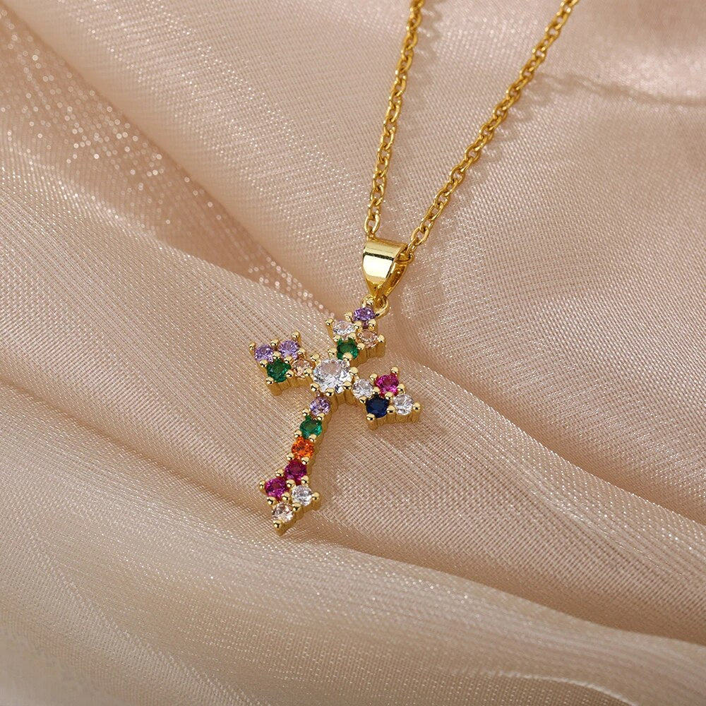 Multicolored Iced Cross Stainless Steel Necklace