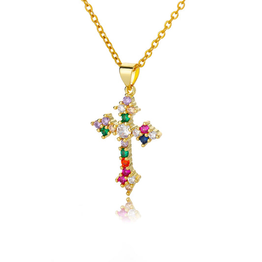Multicolored Iced Cross Stainless Steel Necklace