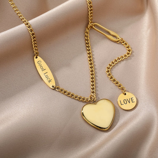 Goodluck/Love Heart Pendant Stainless Steel Necklace